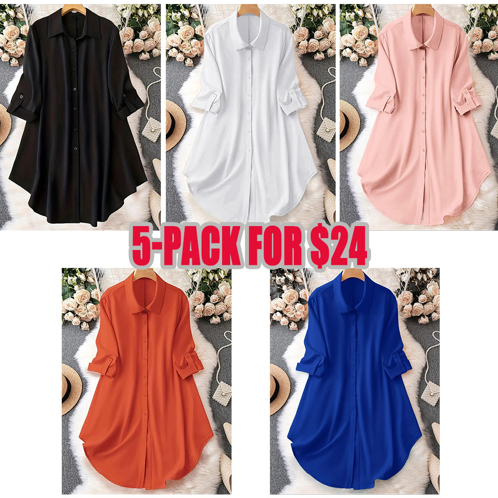 Plus-Size Solid Long Sleeve Button Up Blouse, Casual Classy Elegant Button Front Collared Top for Spring & Fall