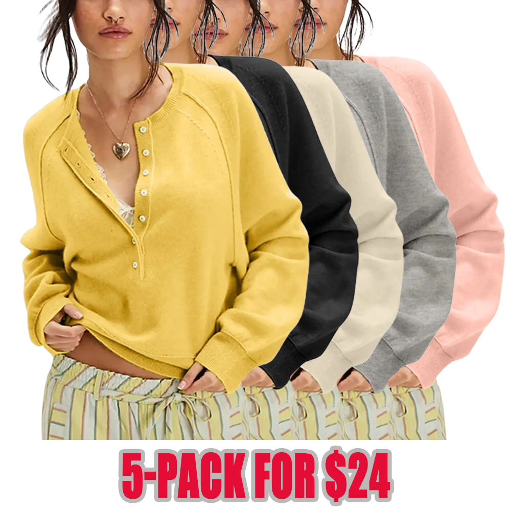 Womens Long Sleeve Knitting Sweater Tops Half Button Sweaters Henley Neckline