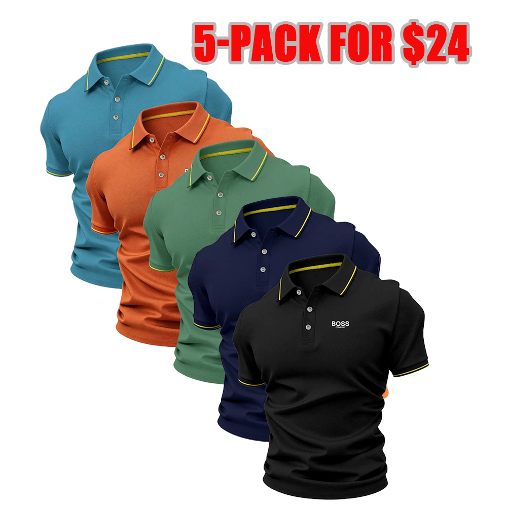 New Men's Golf Polo Shirt Set, Fashionable Boss Logo Print, Collared Stretch Casual Breathable