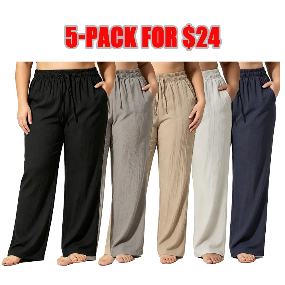 drawstring joggers for curvy/slightly fuller women, featuring a linen texture, high elastic waistband, loose wide legs