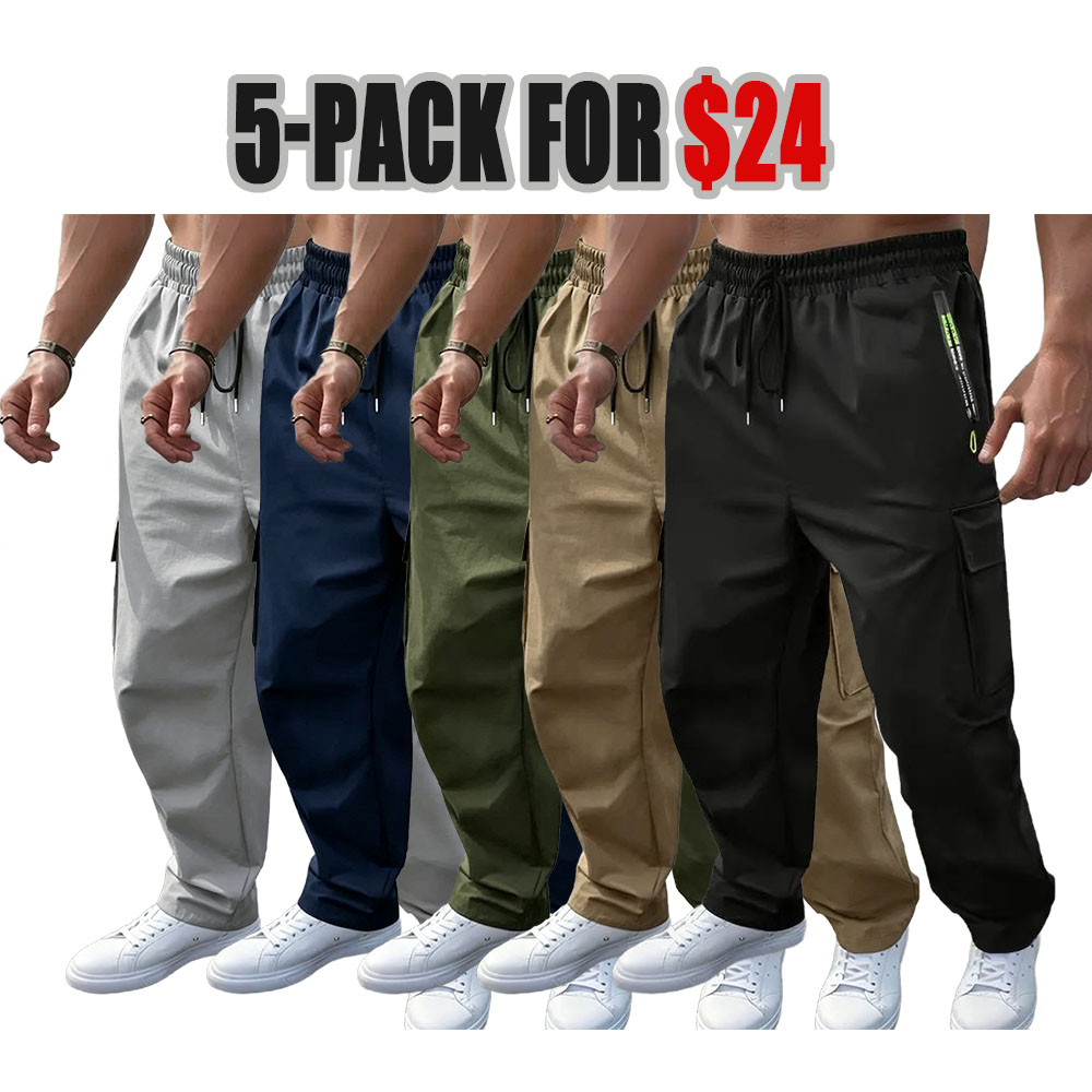 Men's Plain Cargo Pants - Multi-Pocket, Straight Leg, Non-Stretch Woven Fabric, Adjustable Drawstring Waist