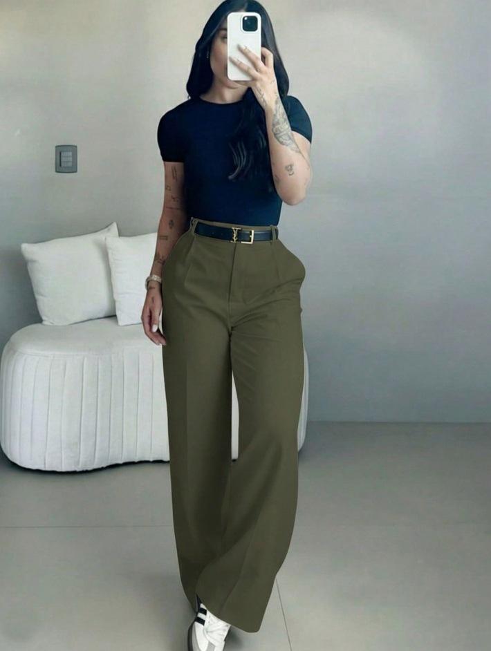 Women's High-Waisted Wide Leg Bottoms - Business Casual Drape Trousers with Clean Front, Pockets, Belt Loops, Full-Length Everyday Office Work Slacks, Machine Washable