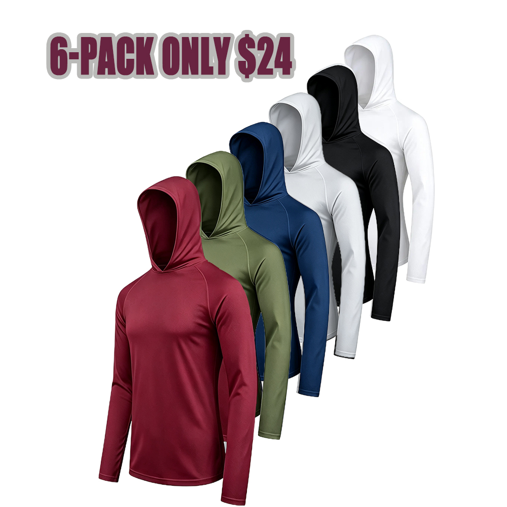 Men's 6-Pack Long-Sleeve Hooded Sun Shirts - Plain Hooded Tee