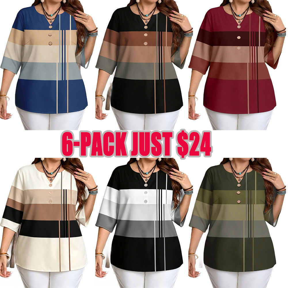 Plus Size Women's Color Block Chic Casual Loose Short Sleeve Blouse Shirt