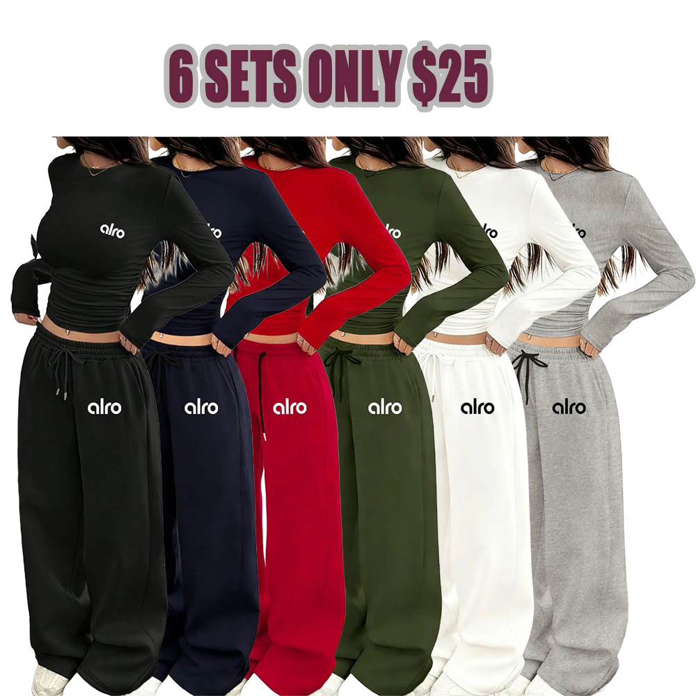 Women's Two-Piece Set, European Style Round Neck Long Sleeve Top, Straight Leg Pants, Comfortable Fabric.