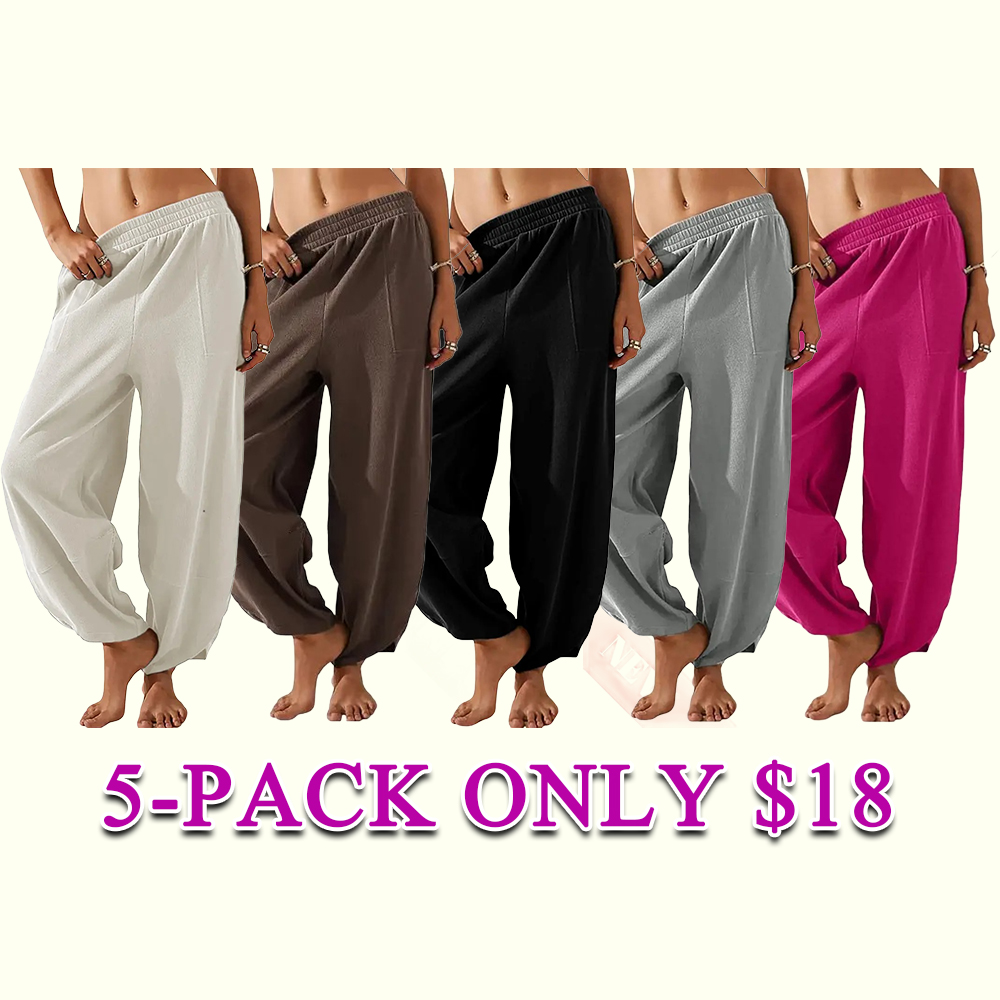 Women's Elastic Waist Wide Leg Palazzo Pants, Casual Loose Baggy Harem Pants with Pockets