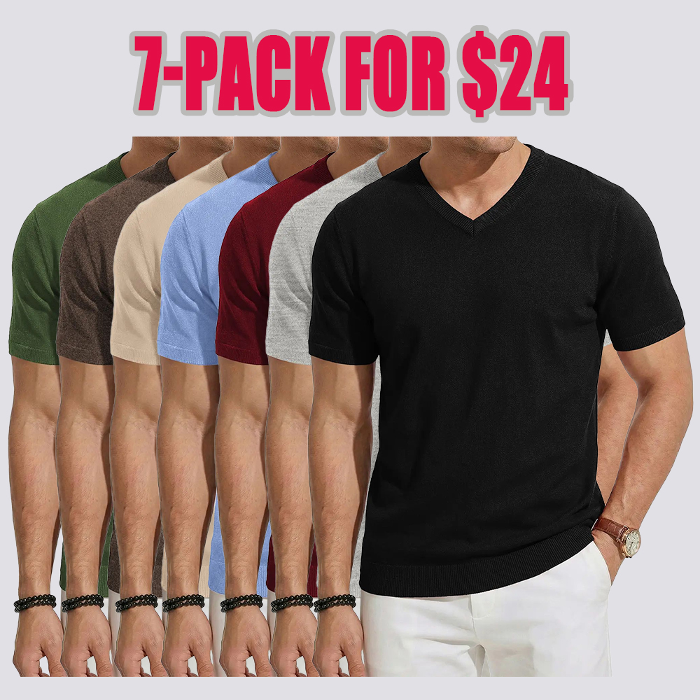 Men's Wool Blend Short Sleeve V-Neck Sweater Soft Textured Knit Pullover