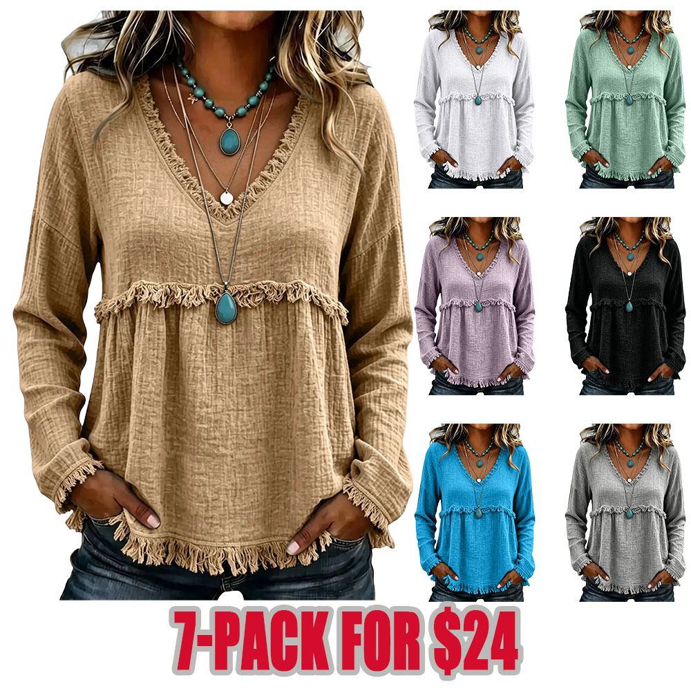 Women’s Boho V Neck Long Sleeve Fringe Top
