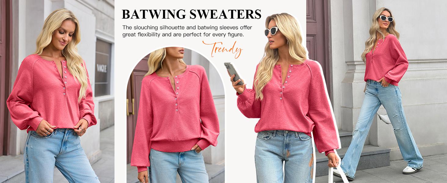 SCUSTY Womens Long Sleeve Knitting Sweater Tops Half Button Sweaters Henley Neckline Casual Lightweight Solid Pullover Knitting Comfortable Soft Womenswear SohoChic
