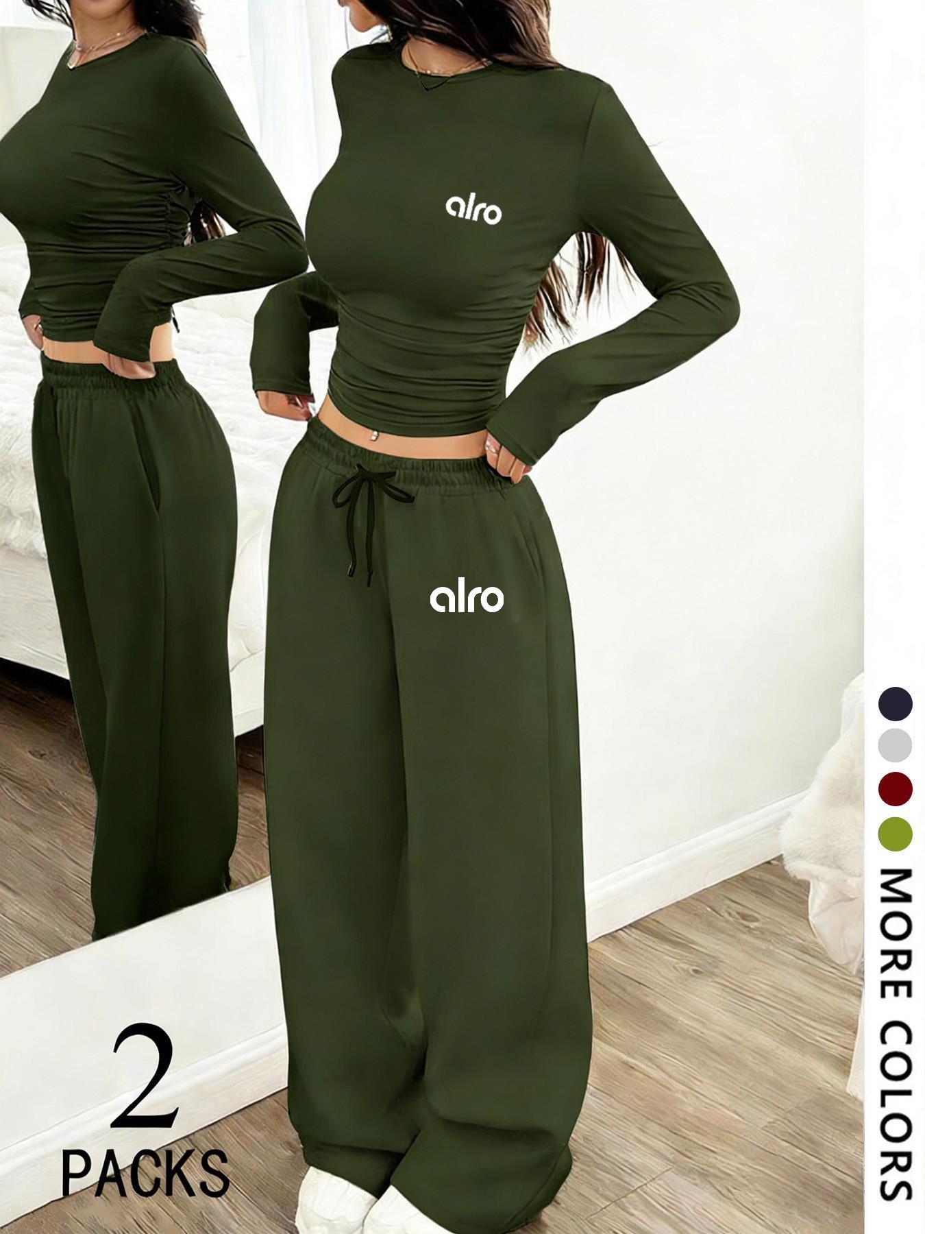 Women's Two-Piece Set, European Style Round Neck Long Sleeve Top, Straight Leg Pants, Comfortable Fabric, Perfect for Daily Wear, Travel, Shopping, Sleep