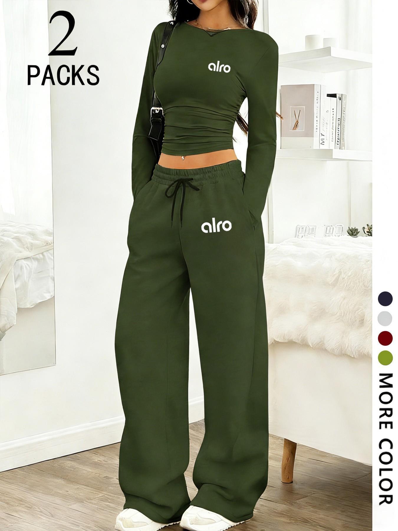 Women's Two-Piece Set, European Style Round Neck Long Sleeve Top, Straight Leg Pants, Comfortable Fabric, Perfect for Daily Wear, Travel, Shopping, Sleep