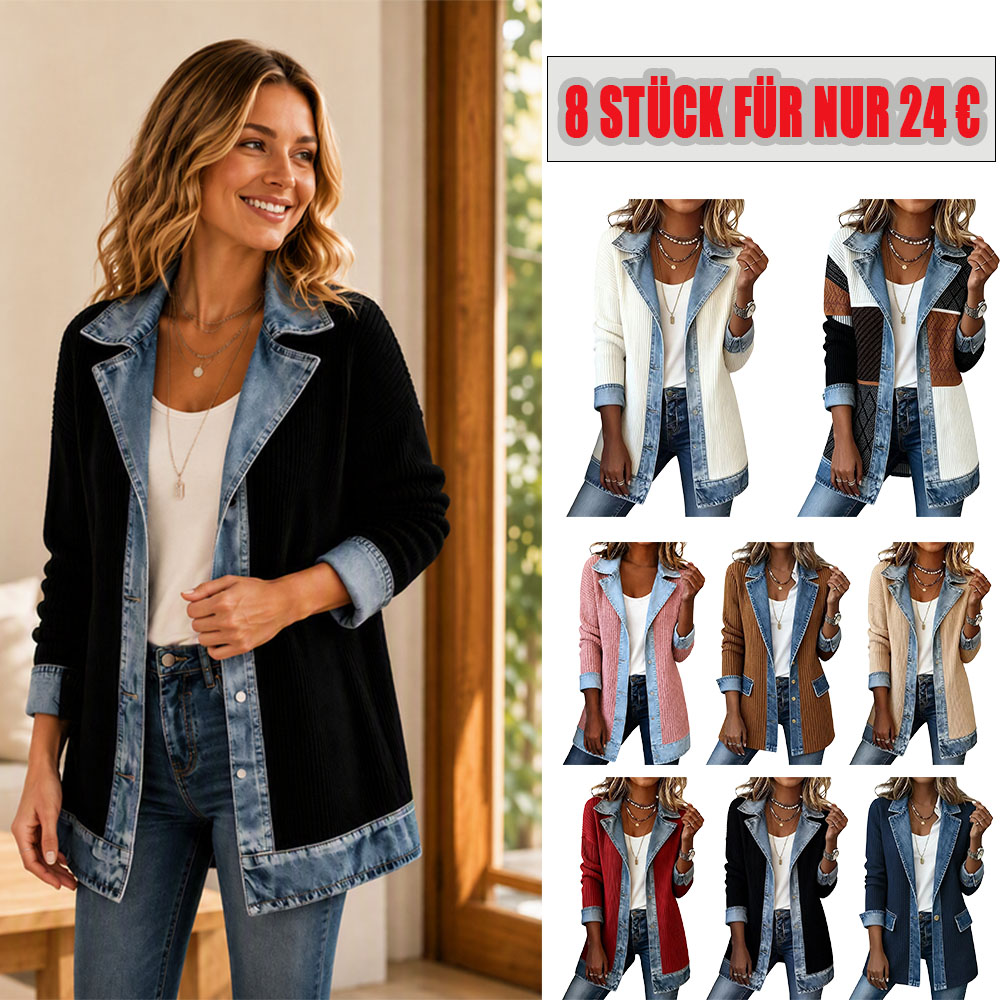 RABATT! ⭐ Eleganter Damenmantel aus Denim mit geripptem Strick-Einsatz