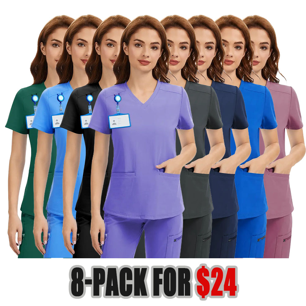 4-Way Stretch Scrub Tops - V-Neck, Wrinkle & Breathable, with 2 Pockets