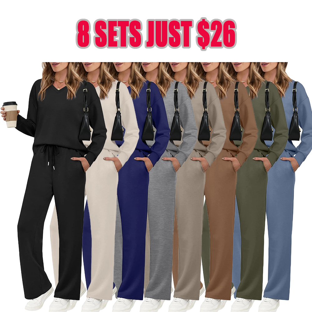 Lounge Sets for Women 2026 V Neck 2 Piece Outfits Airport Wide Leg Pants Matching Set Sweatsuits