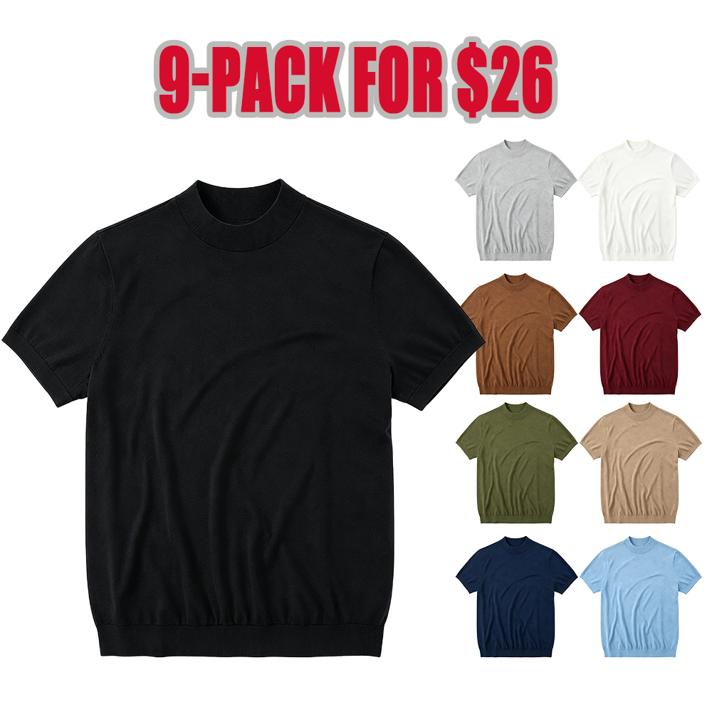 Men's 100% Merino Wool Mock Neck Knit T-Shirt - Soft, Breathable Daily Commute Base Top with Refined Knit