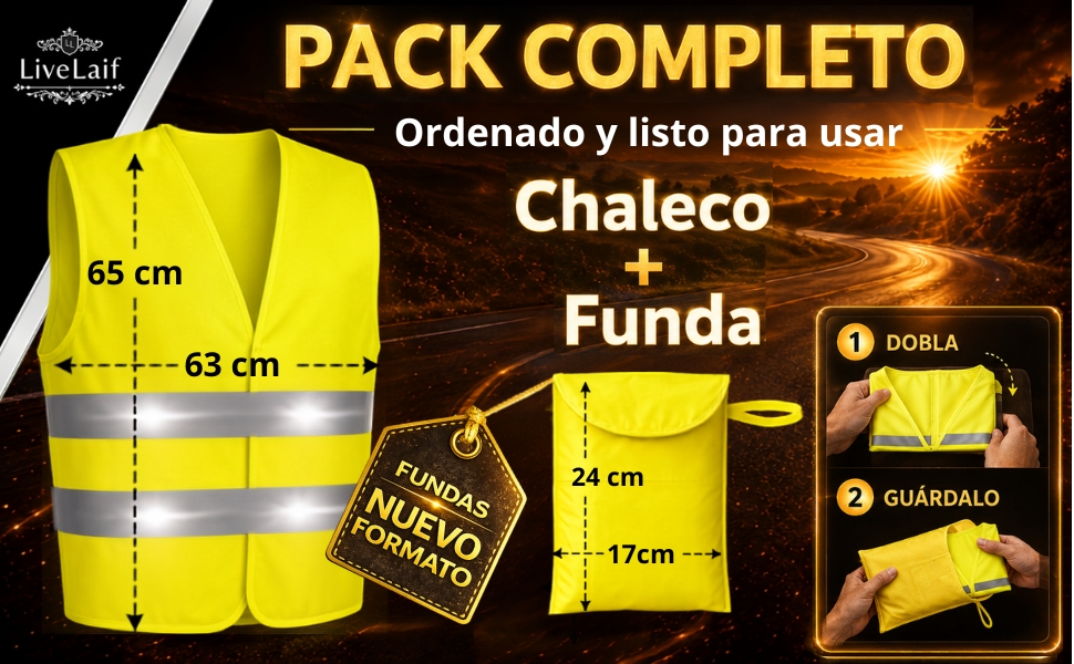 El texto dice &laquo;PACK COMPLETO Ordenado y listo para usar Chaleco Funda&raquo;. Chaleco de seguridad amarillo y negro de alta visibilidad con franjas reflectantes. Incluye funda de transporte y accesorios.