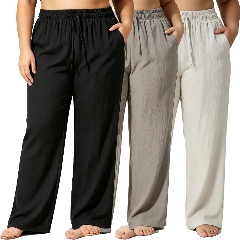 drawstring joggers for curvy/slightly fuller women, featuring a linen texture, high elastic waistband, loose wide legs