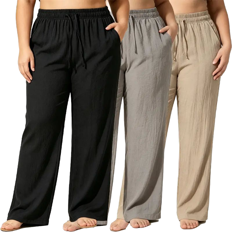 drawstring joggers for curvy/slightly fuller women, featuring a linen texture, high elastic waistband, loose wide legs