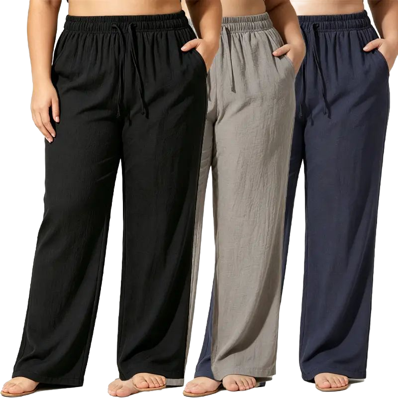drawstring joggers for curvy/slightly fuller women, featuring a linen texture, high elastic waistband, loose wide legs