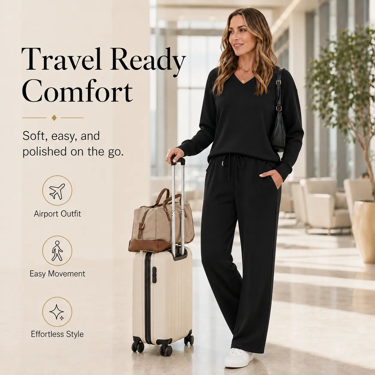 Lounge Sets for Women 2026 V Neck 2 Piece Outfits Airport Wide Leg Pants Matching Set Sweatsuits