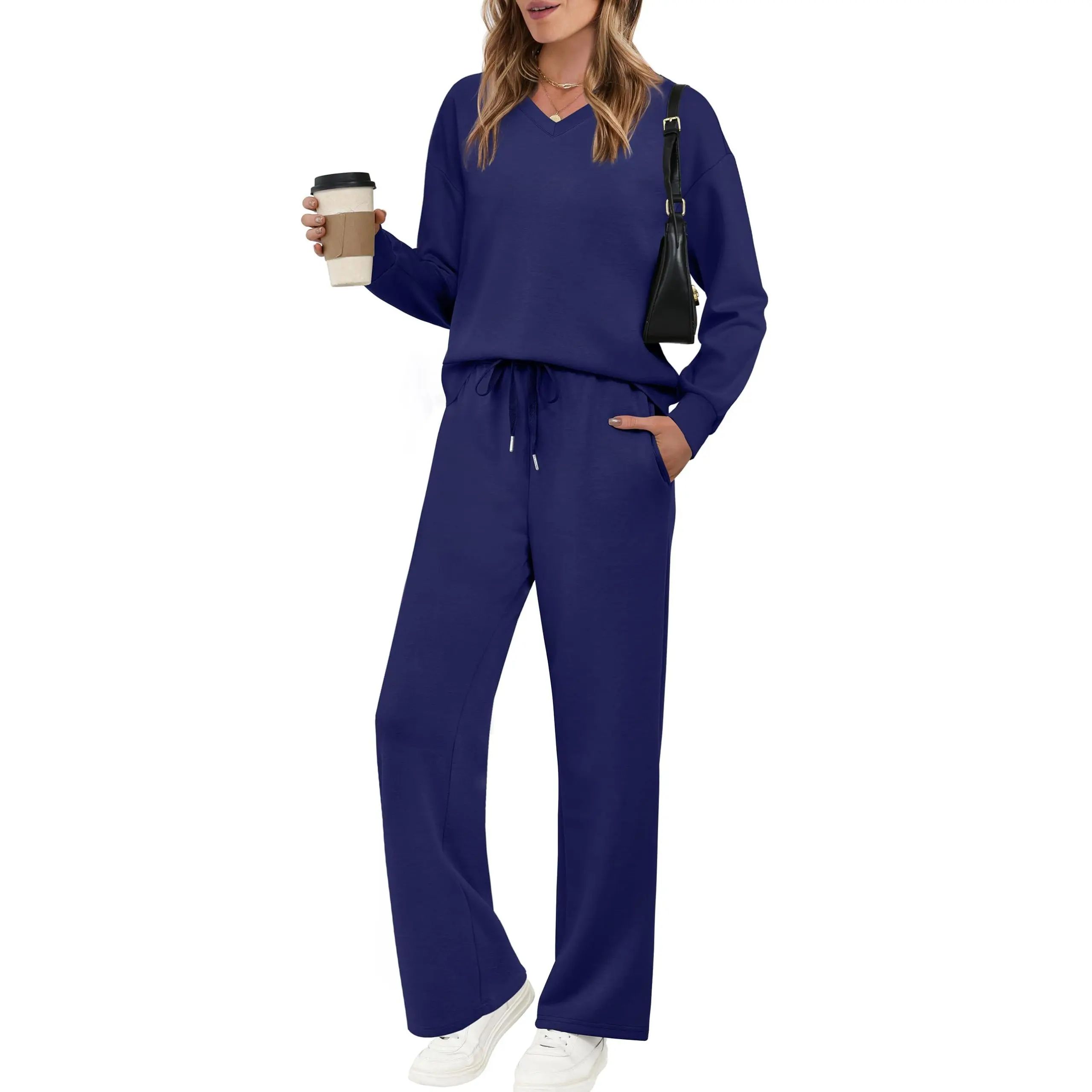 Lounge Sets for Women 2026 V Neck 2 Piece Outfits Airport Wide Leg Pants Matching Set Sweatsuits