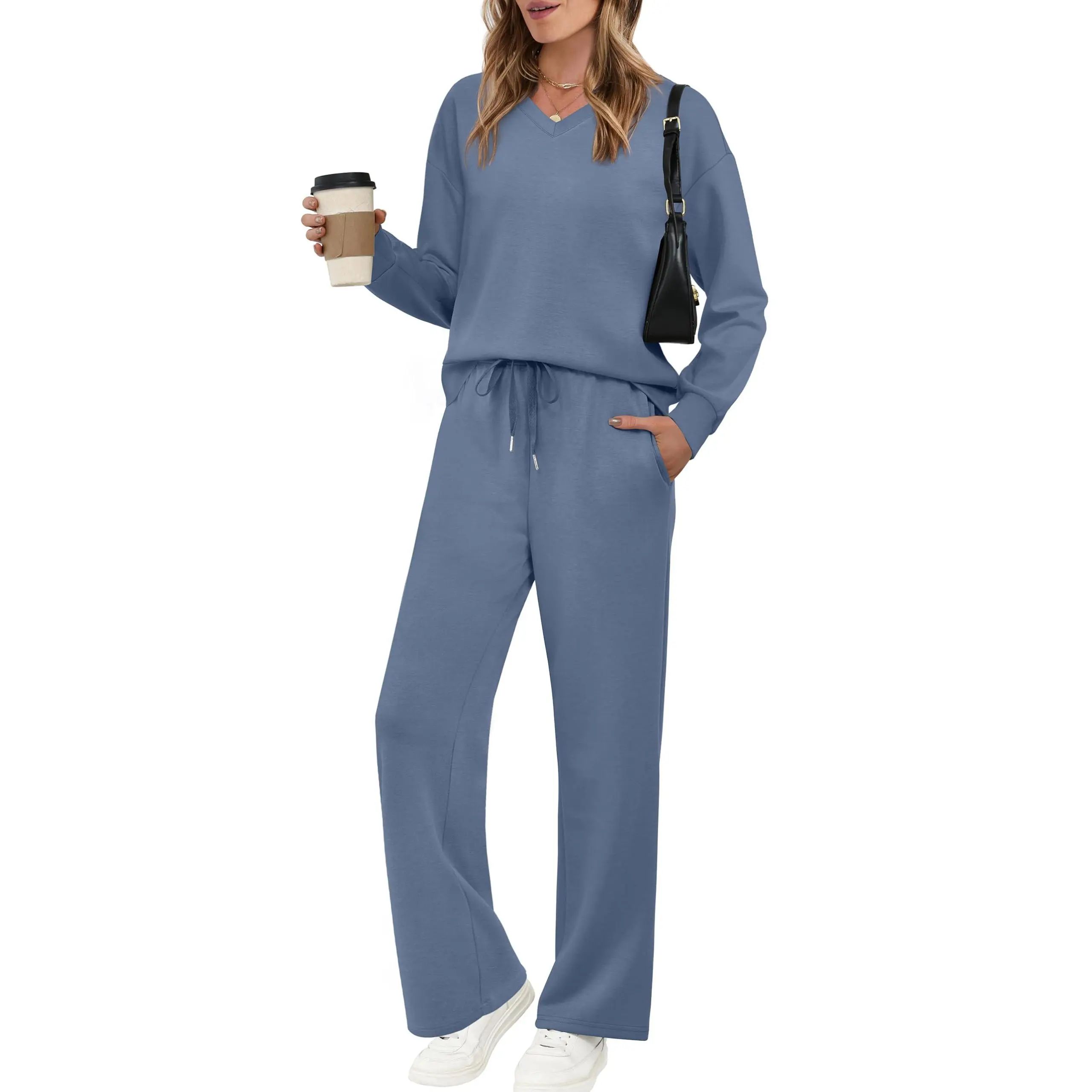 Lounge Sets for Women 2026 V Neck 2 Piece Outfits Airport Wide Leg Pants Matching Set Sweatsuits