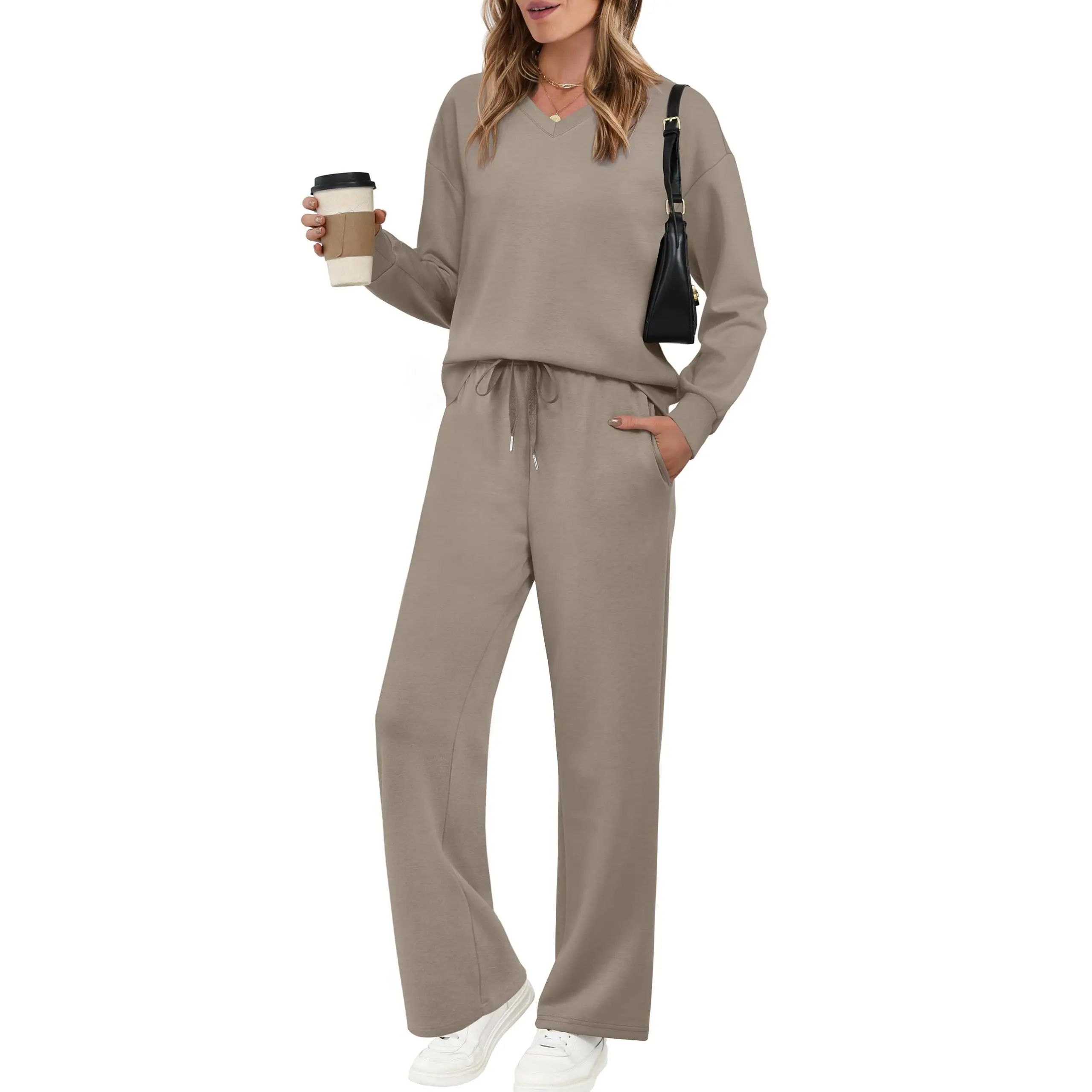 Lounge Sets for Women 2026 V Neck 2 Piece Outfits Airport Wide Leg Pants Matching Set Sweatsuits