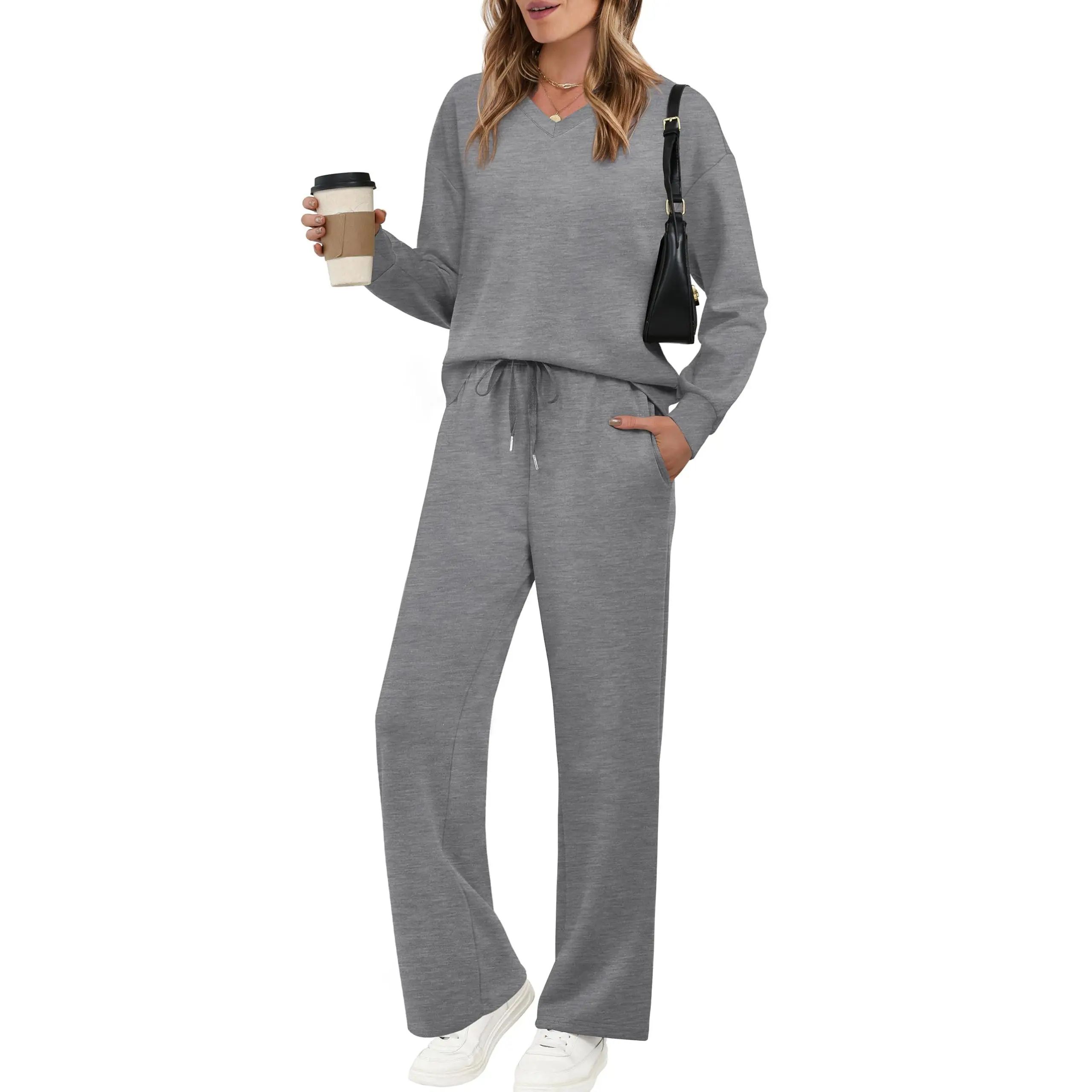 Lounge Sets for Women 2026 V Neck 2 Piece Outfits Airport Wide Leg Pants Matching Set Sweatsuits