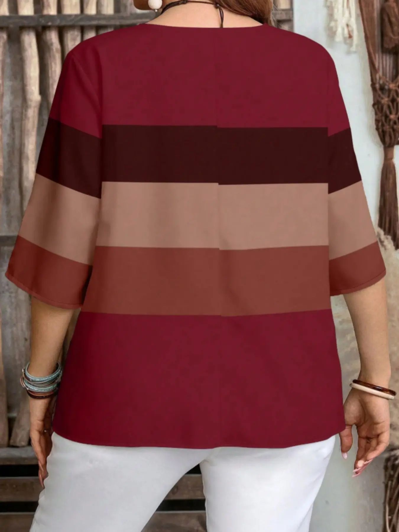 Plus Size Women's Color Block Chic Casual Loose Short Sleeve Blouse Shirt