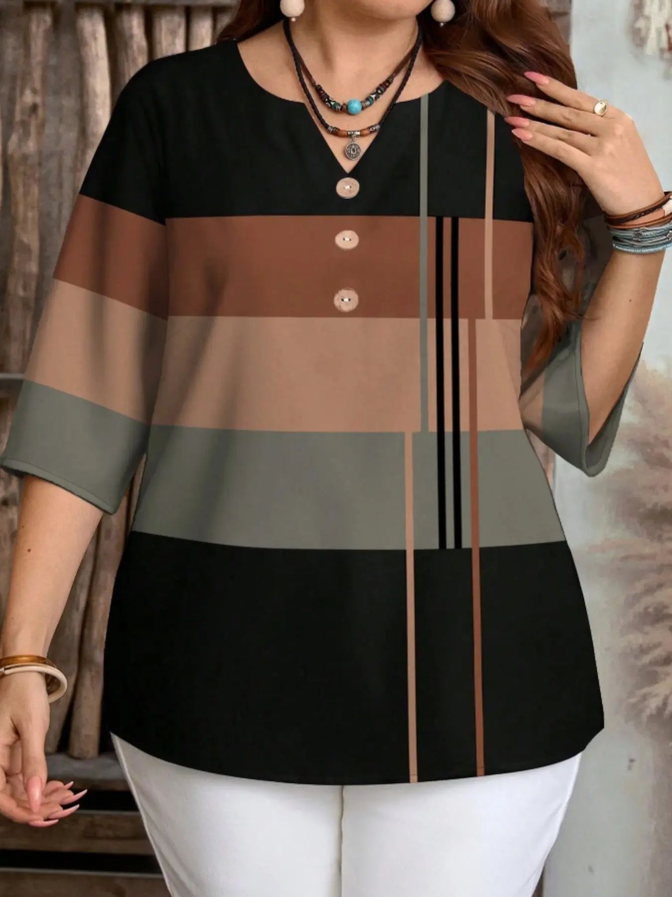Plus Size Women's Color Block Chic Casual Loose Short Sleeve Blouse Shirt