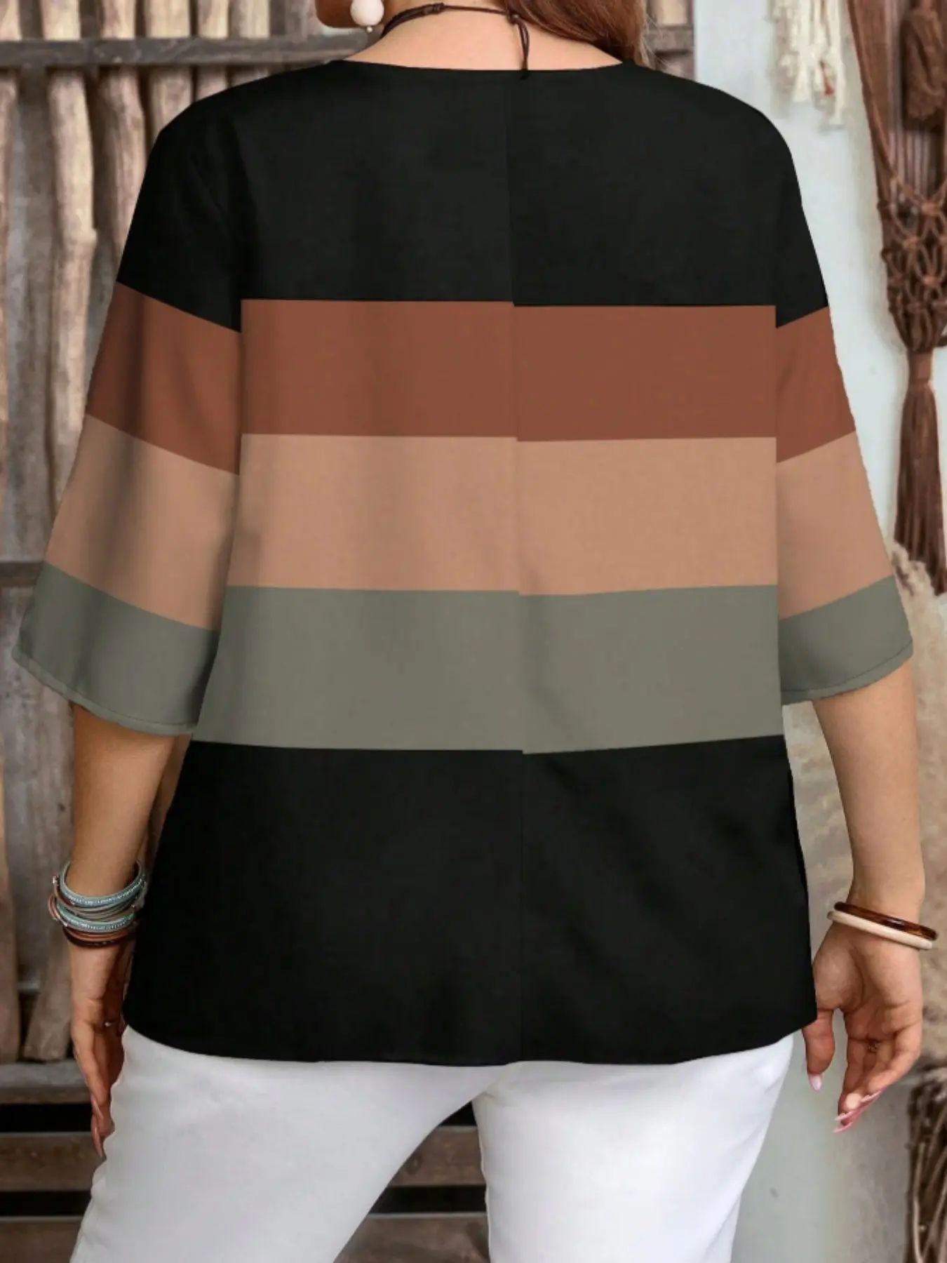 Plus Size Women's Color Block Chic Casual Loose Short Sleeve Blouse Shirt