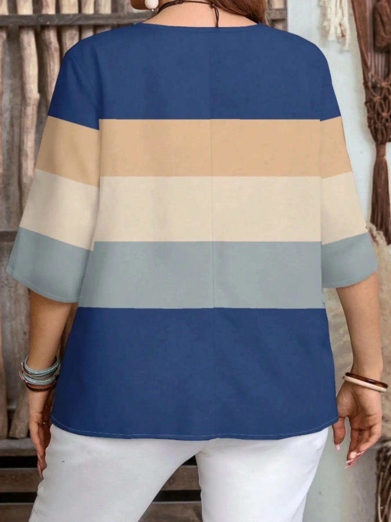 Plus Size Women's Color Block Chic Casual Loose Short Sleeve Blouse Shirt