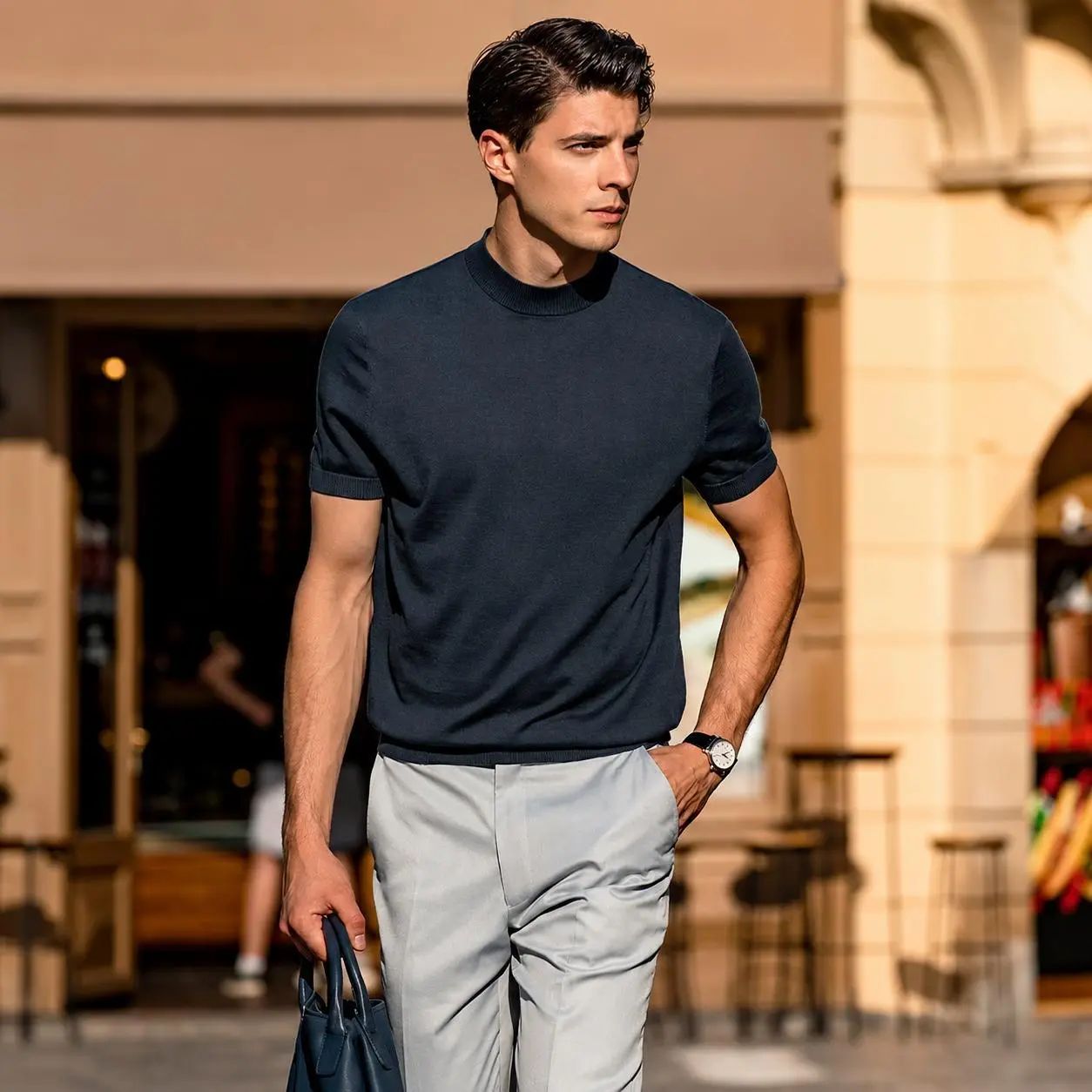 Men's 100% Merino Wool Mock Neck Knit T-Shirt - Soft, Breathable Daily Commute Base Top with Refined Knit