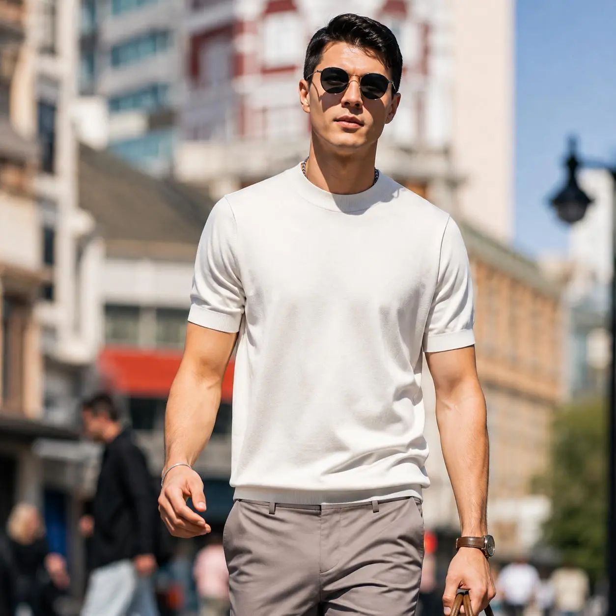 Men's 100% Merino Wool Mock Neck Knit T-Shirt - Soft, Breathable Daily Commute Base Top with Refined Knit