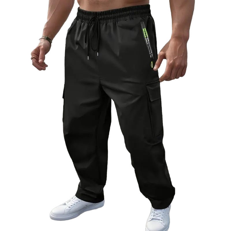 Men's Plain Cargo Pants - Multi-Pocket, Straight Leg, Non-Stretch Woven Fabric, Adjustable Drawstring Waist