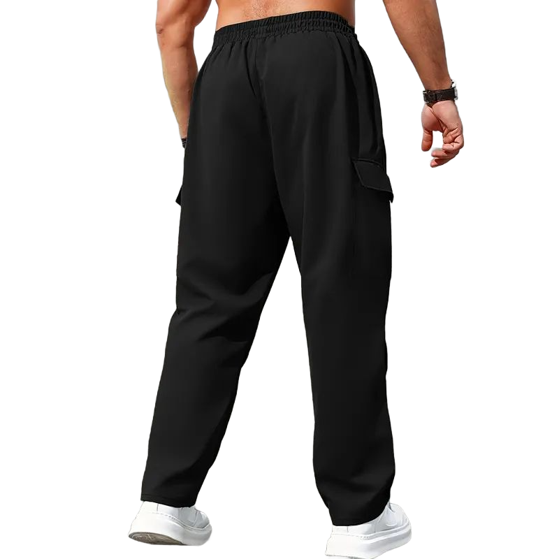 Men's Plain Cargo Pants - Multi-Pocket, Straight Leg, Non-Stretch Woven Fabric, Adjustable Drawstring Waist