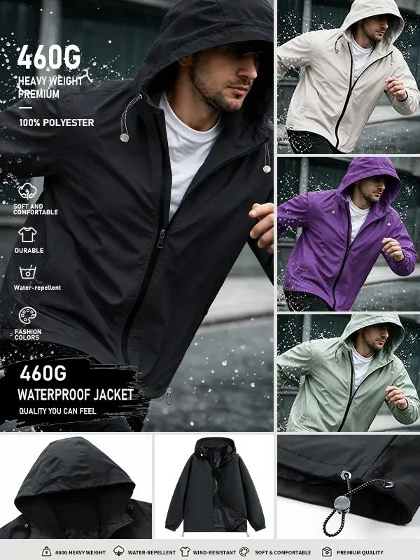 Men’s Loose-Fit Hooded Windproof Waterproof Polyester Plain Long-Sleeve Tops - Adjustable Drawstring Hem, Zipper Closure