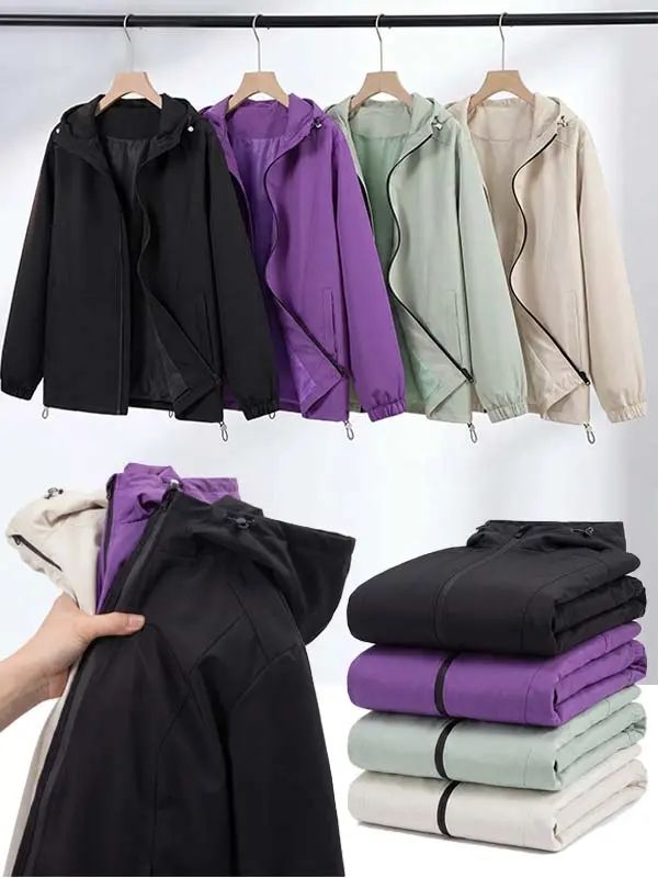 Men’s Loose-Fit Hooded Windproof Waterproof Polyester Plain Long-Sleeve Tops - Adjustable Drawstring Hem, Zipper Closure