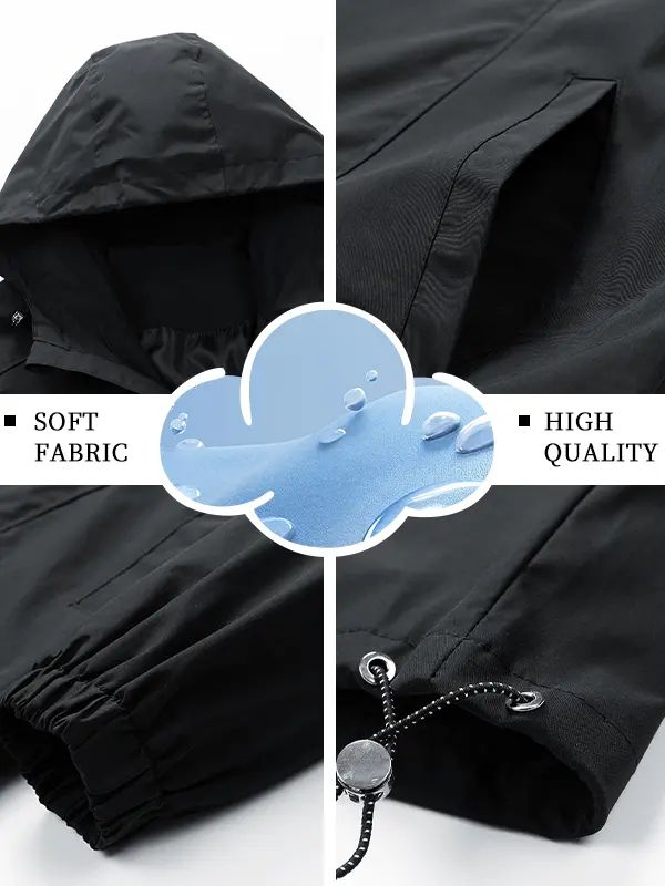 Men’s Loose-Fit Hooded Windproof Waterproof Polyester Plain Long-Sleeve Tops - Adjustable Drawstring Hem, Zipper Closure