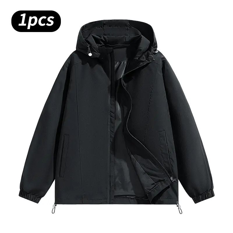 Men’s Loose-Fit Hooded Windproof Waterproof Polyester Plain Long-Sleeve Tops - Adjustable Drawstring Hem, Zipper Closure