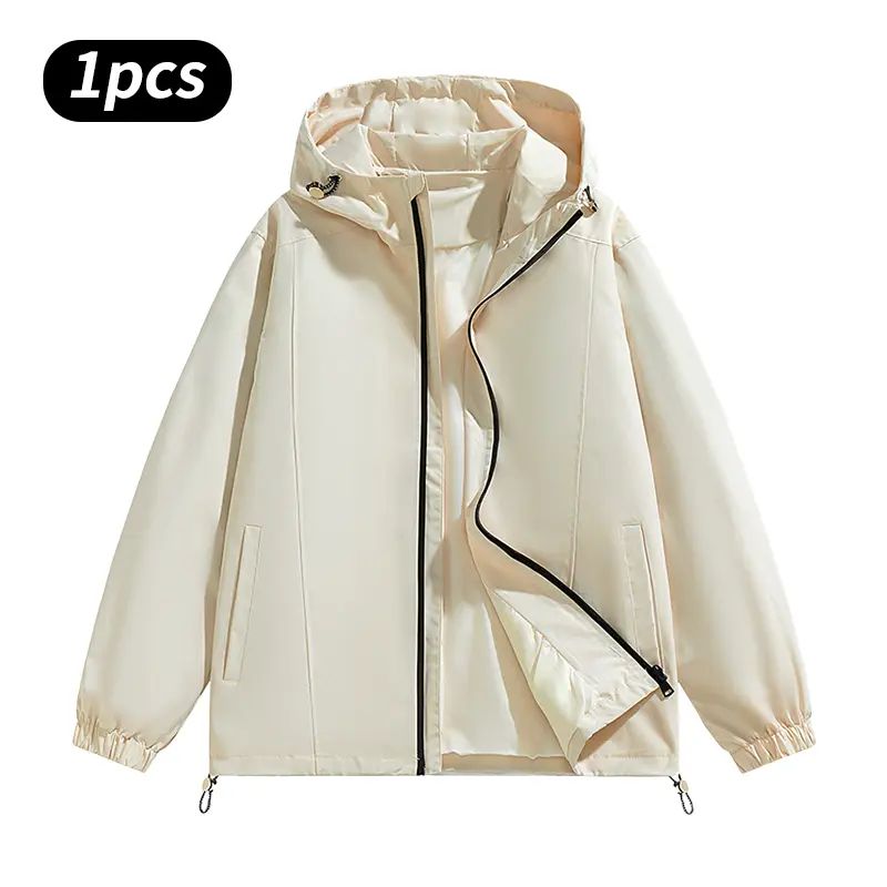 Men’s Loose-Fit Hooded Windproof Waterproof Polyester Plain Long-Sleeve Tops - Adjustable Drawstring Hem, Zipper Closure