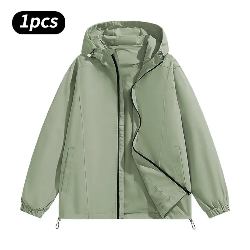 Men’s Loose-Fit Hooded Windproof Waterproof Polyester Plain Long-Sleeve Tops - Adjustable Drawstring Hem, Zipper Closure