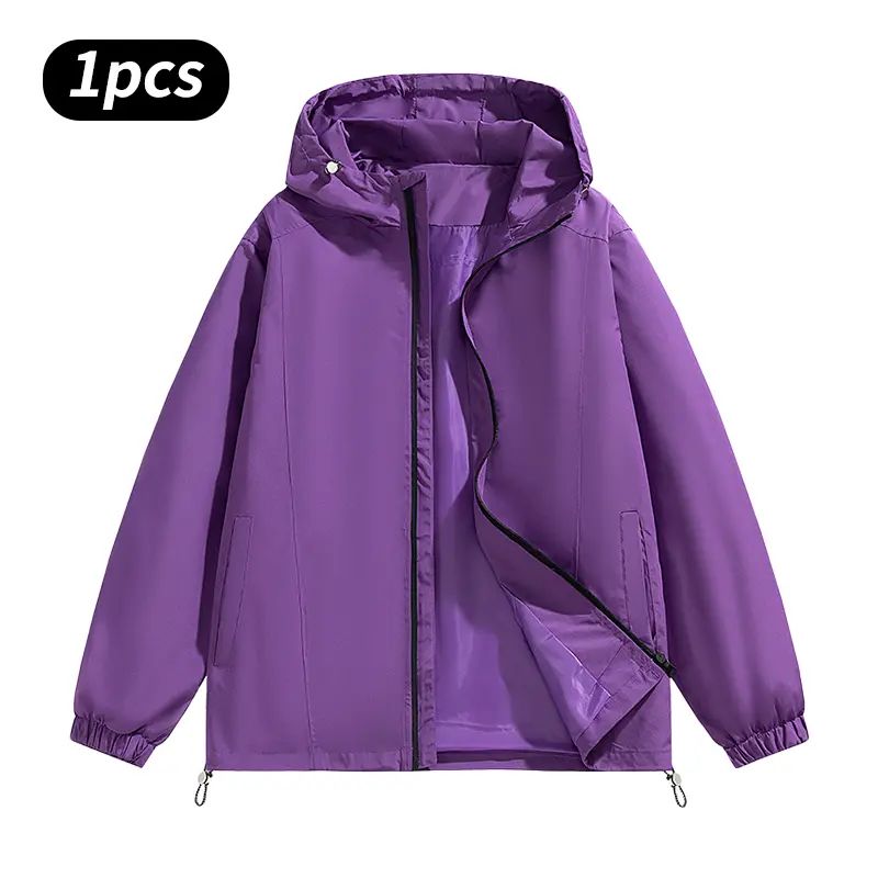 Men’s Loose-Fit Hooded Windproof Waterproof Polyester Plain Long-Sleeve Tops - Adjustable Drawstring Hem, Zipper Closure