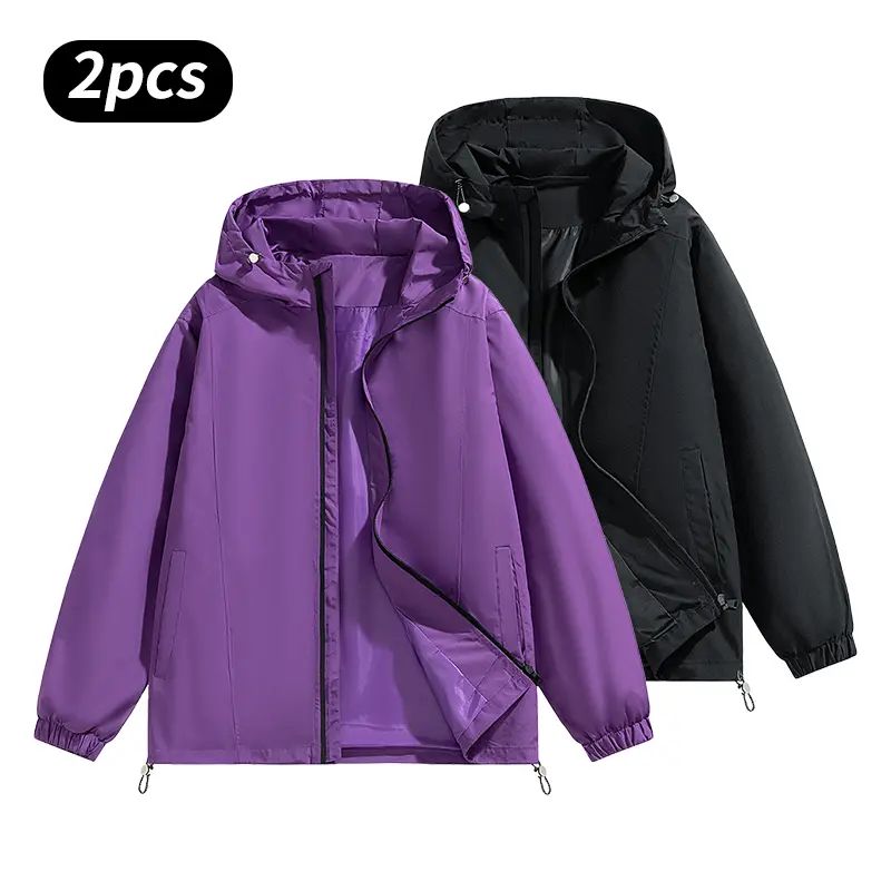 Men’s Loose-Fit Hooded Windproof Waterproof Polyester Plain Long-Sleeve Tops - Adjustable Drawstring Hem, Zipper Closure