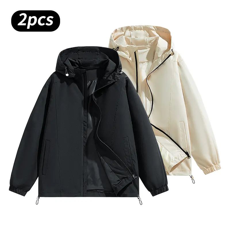 Men’s Loose-Fit Hooded Windproof Waterproof Polyester Plain Long-Sleeve Tops - Adjustable Drawstring Hem, Zipper Closure