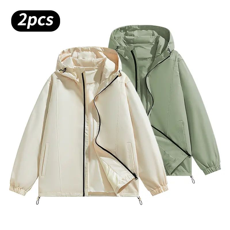 Men’s Loose-Fit Hooded Windproof Waterproof Polyester Plain Long-Sleeve Tops - Adjustable Drawstring Hem, Zipper Closure