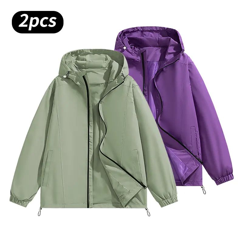 Men’s Loose-Fit Hooded Windproof Waterproof Polyester Plain Long-Sleeve Tops - Adjustable Drawstring Hem, Zipper Closure