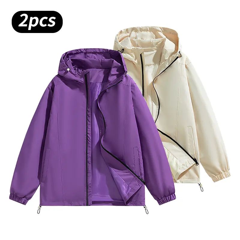 Men’s Loose-Fit Hooded Windproof Waterproof Polyester Plain Long-Sleeve Tops - Adjustable Drawstring Hem, Zipper Closure