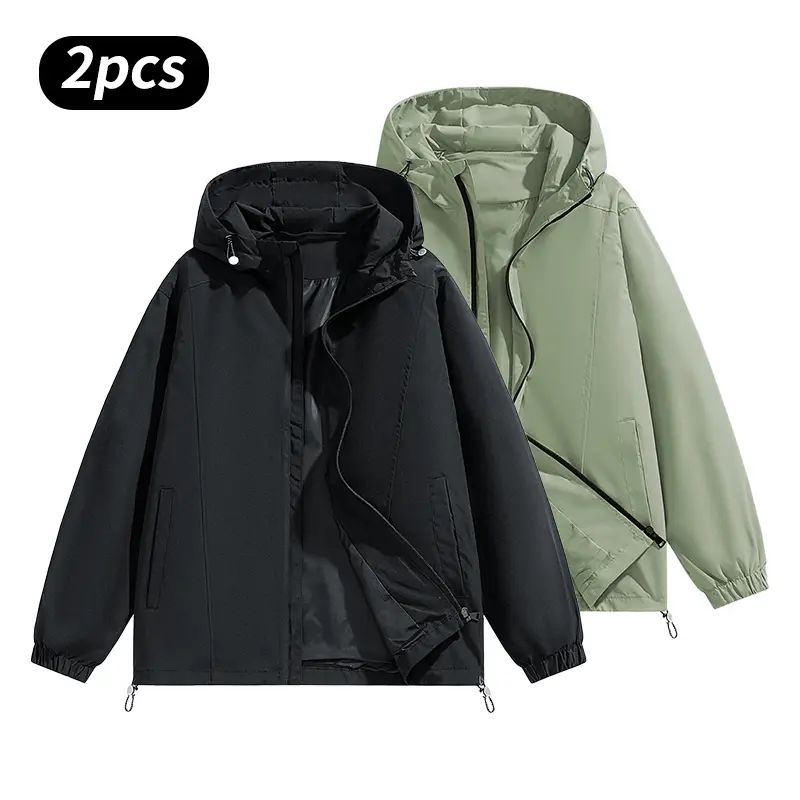 Men’s Loose-Fit Hooded Windproof Waterproof Polyester Plain Long-Sleeve Tops - Adjustable Drawstring Hem, Zipper Closure