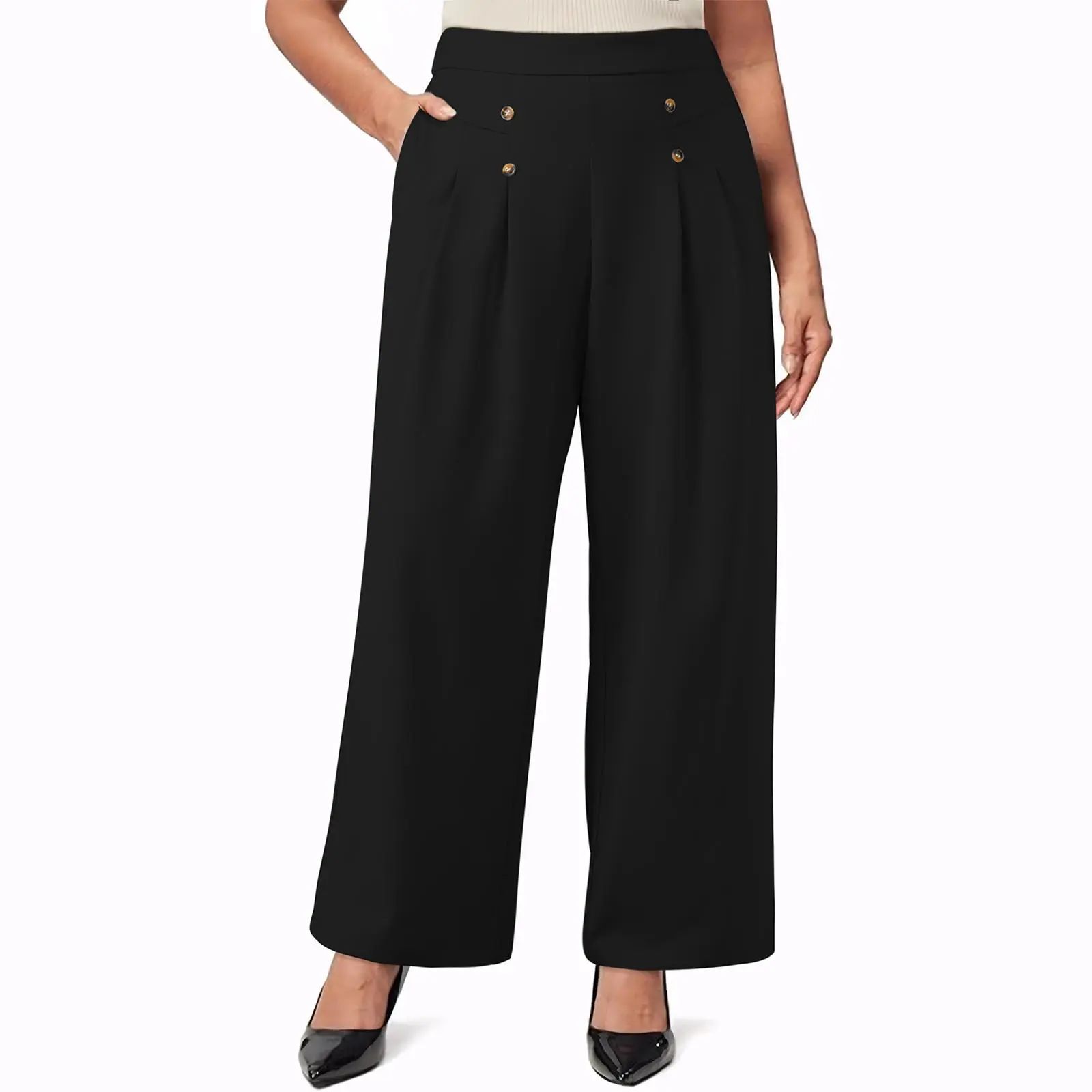 Womens Plus Size Wide Leg Dress Pants High Waisted Pleated Business